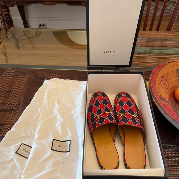 Gucci Other - GUCCI Royal Bluett Red/Blu Guicci Logo Rhombus Chain Mule Slip On